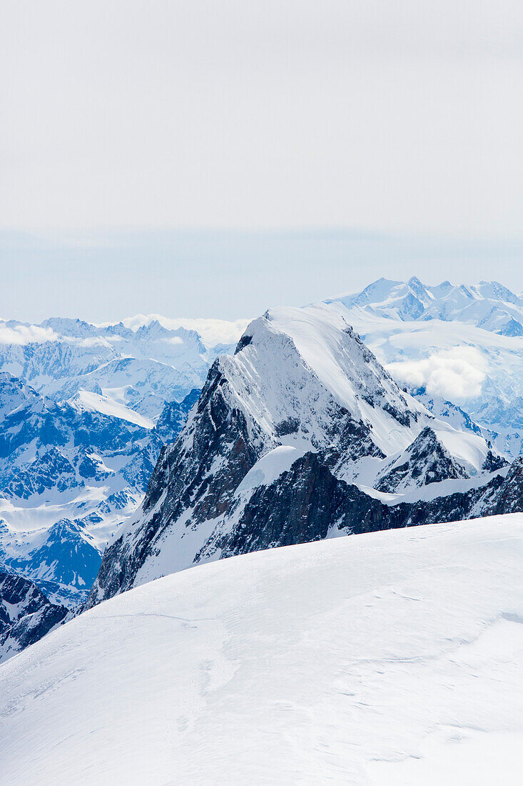 Grand Jorasses with Monte Rosa in background and Mont Maudit in foreground, Mont Blanc Massif, Rhone Alpes, Haute-Savoie, France