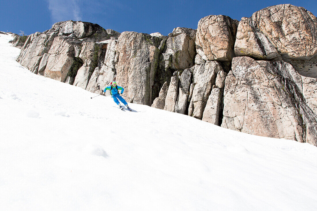 Man downhill skiing, Squaw Valley, Placer County, California, USA