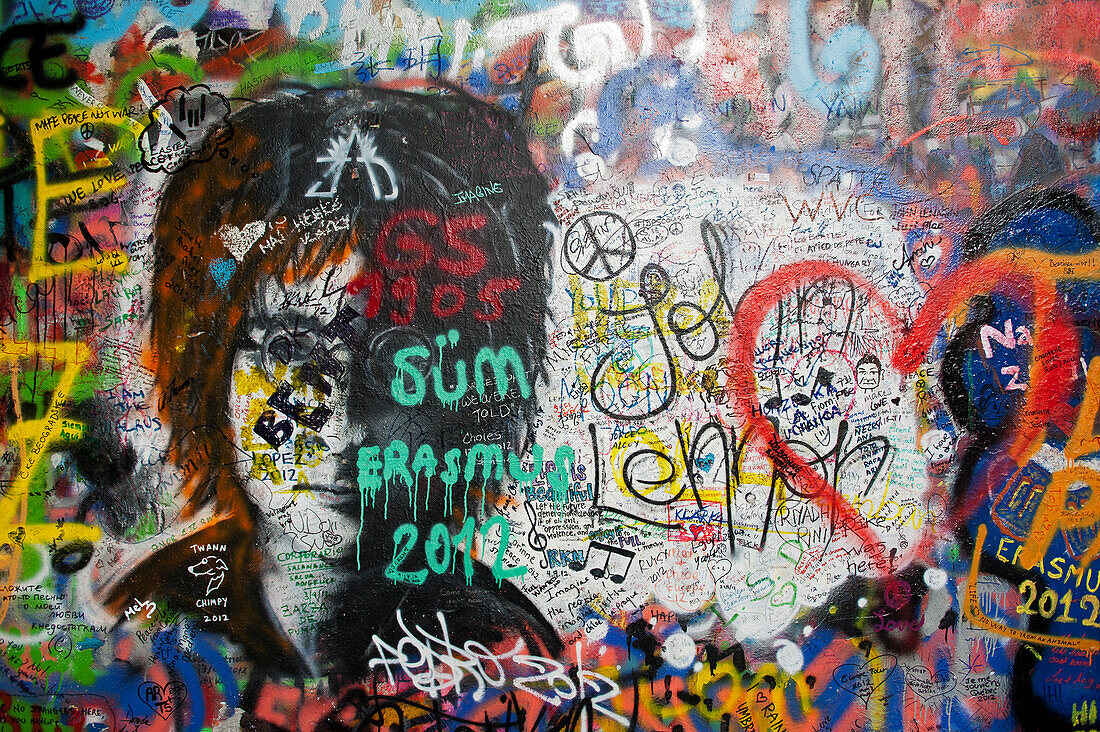 Graffiti along the Lennon Wall at Grand Priory Square, Prague, Czech Republic, Europe