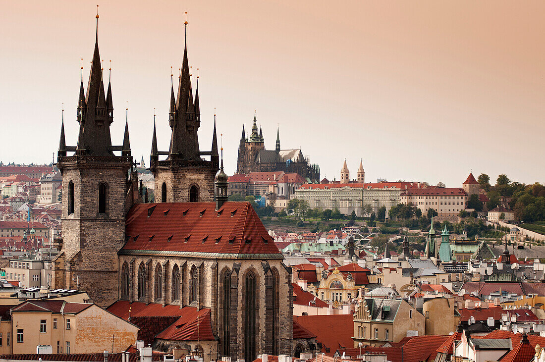 view over the church on the Altstadtplatz to Prague Castle and St Vitus Cathedral, Prague, Czech Republic, Europe