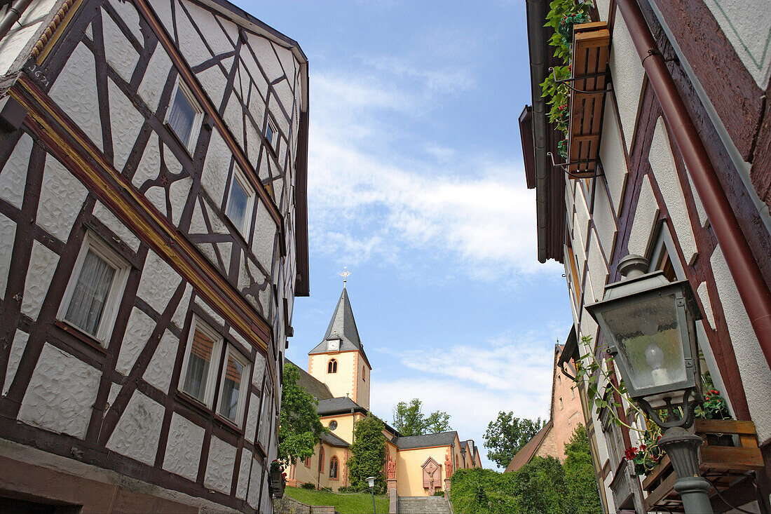 View towards the church of St. Martin, Old town, Bad Orb, Spessart, Hesse, Germany