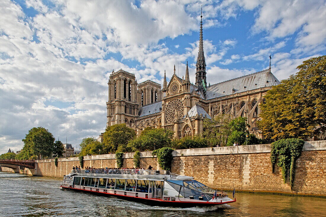 Ausflugsboot auf der Seine mit Ile de la Cite und Notre Dame, Paris, Frankreich