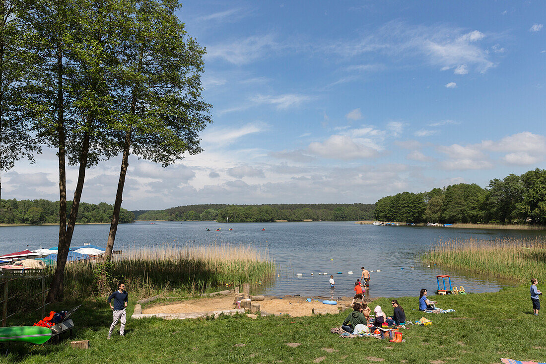 Campground at lake Ellbogensee, Mecklenburg Lake District, Mecklenburg-Western Pomerania, Germany