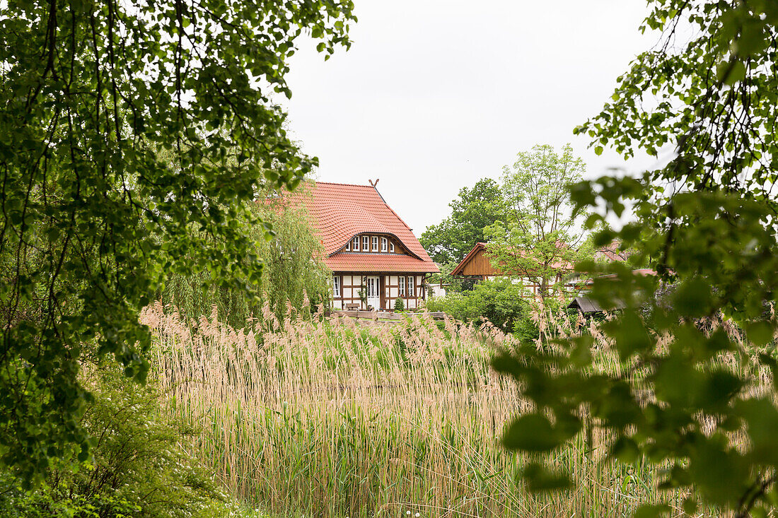 Half-timbered house at lake Tollensesee, Alt Rehse, Penzlin, Mecklenburg-Western Pomerania, Germany