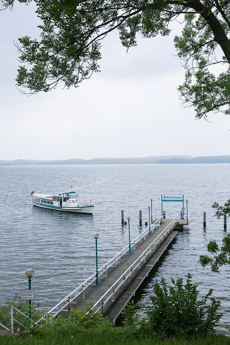Ferry on lake Tollensesee, Mecklenburg Lake District, Mecklenburg-Western Pomerania, Germany