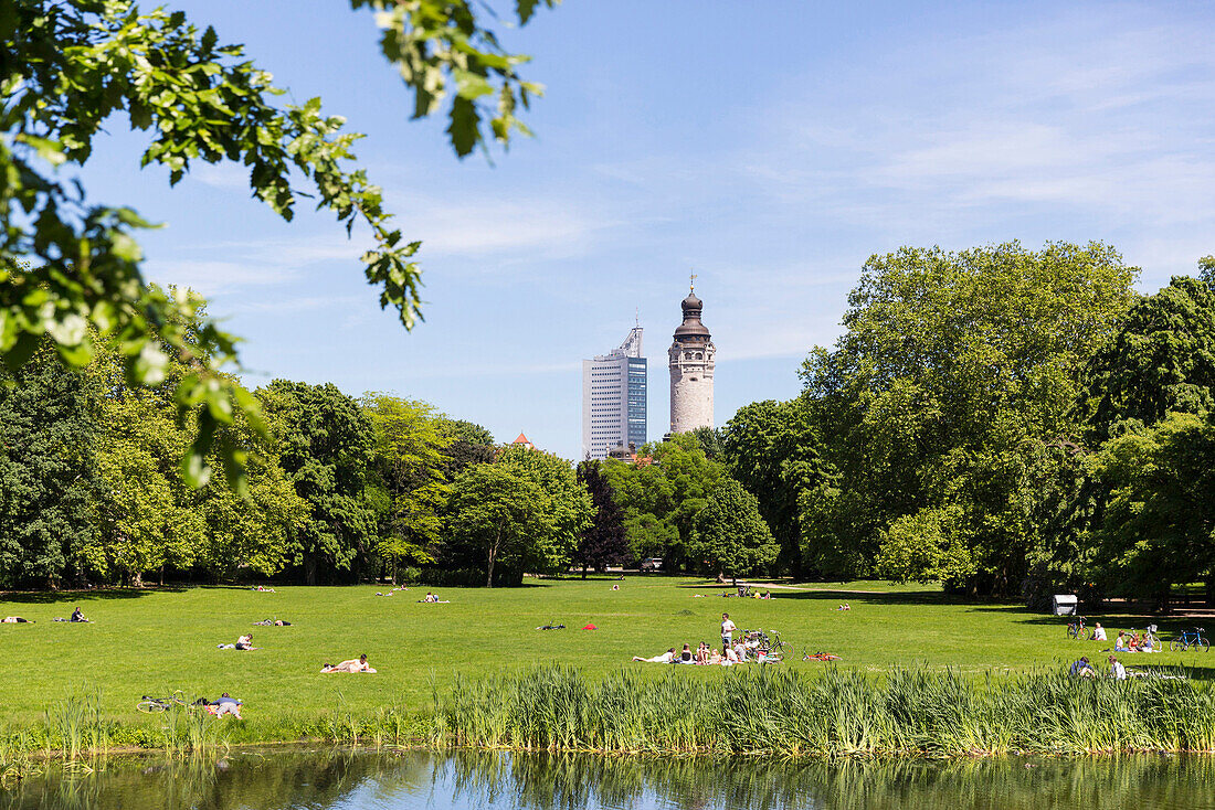 Pond in Johanna Park, City-Hochhaus and New Town Hall in background, Leipzig, Saxony, Germany