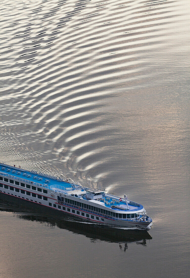 Ship in the Danube river bend, Schloegener Donauschlinge,Schloegen, Upper Austria, Austria