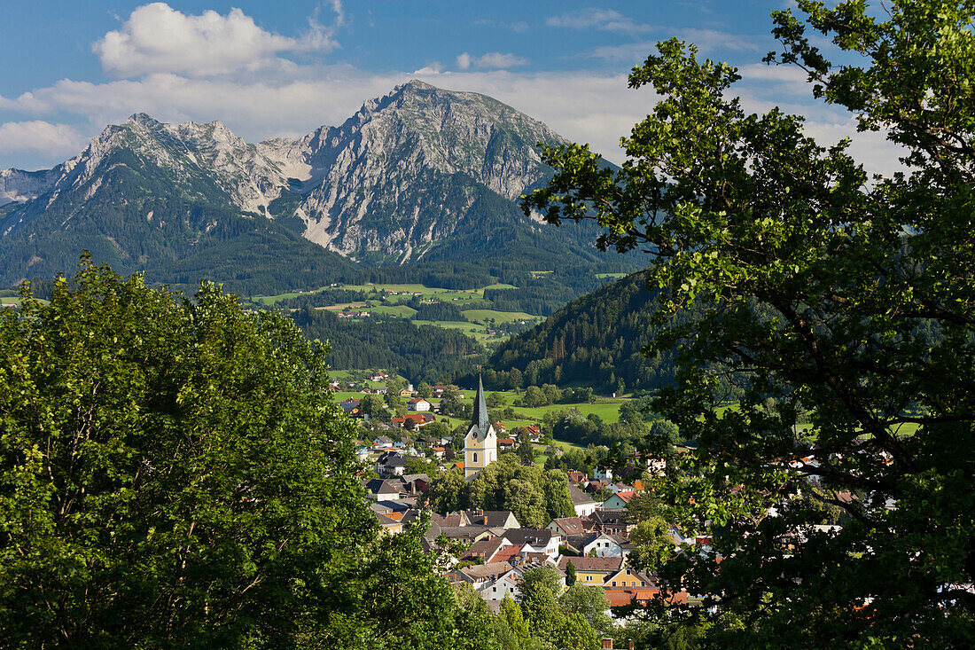 Windischgarsten seen from Kalvarienberg, Haller Mauer, Grosser Pyhrgas, Northern Limestone Alps, Upper Austria, Austria