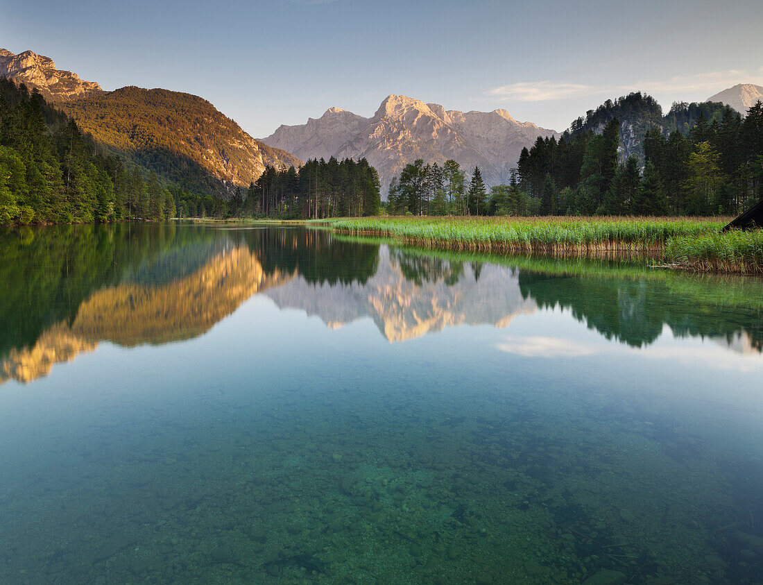 View from Almsee towards the Tote Gebirge mountains, Almtal, Northern Limestone Alps, Upper Austria, Austria