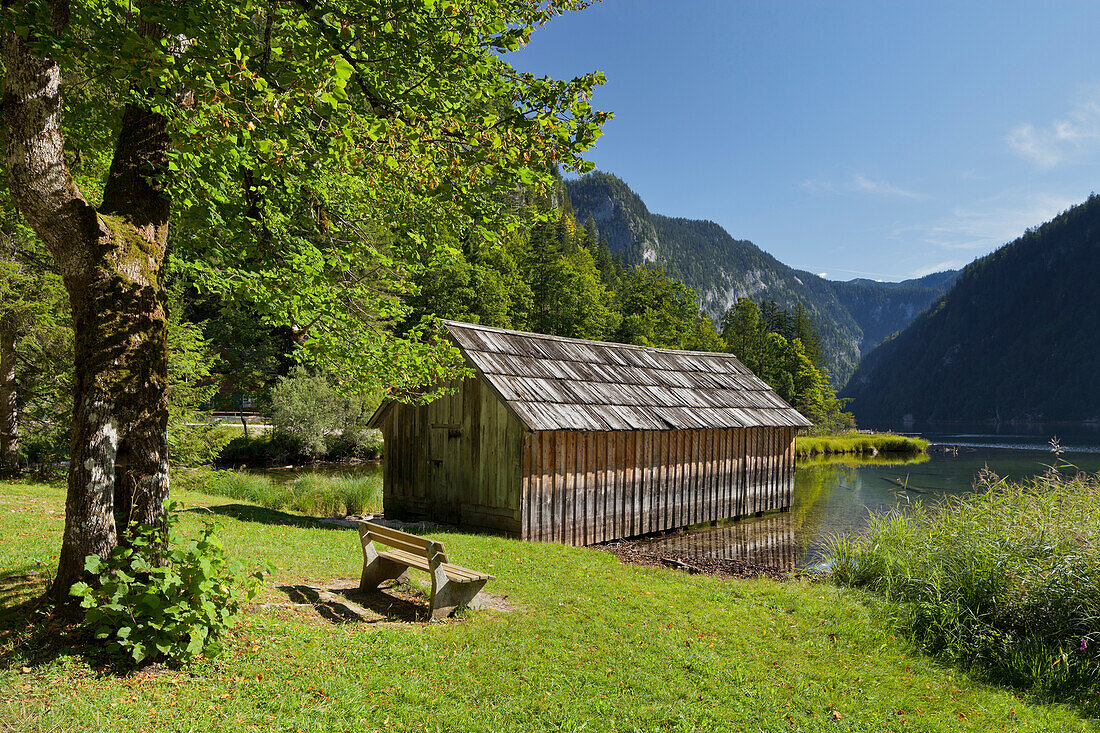 Boathouse at lake Toplitzsee, Salzkammergut, Styria, Austria