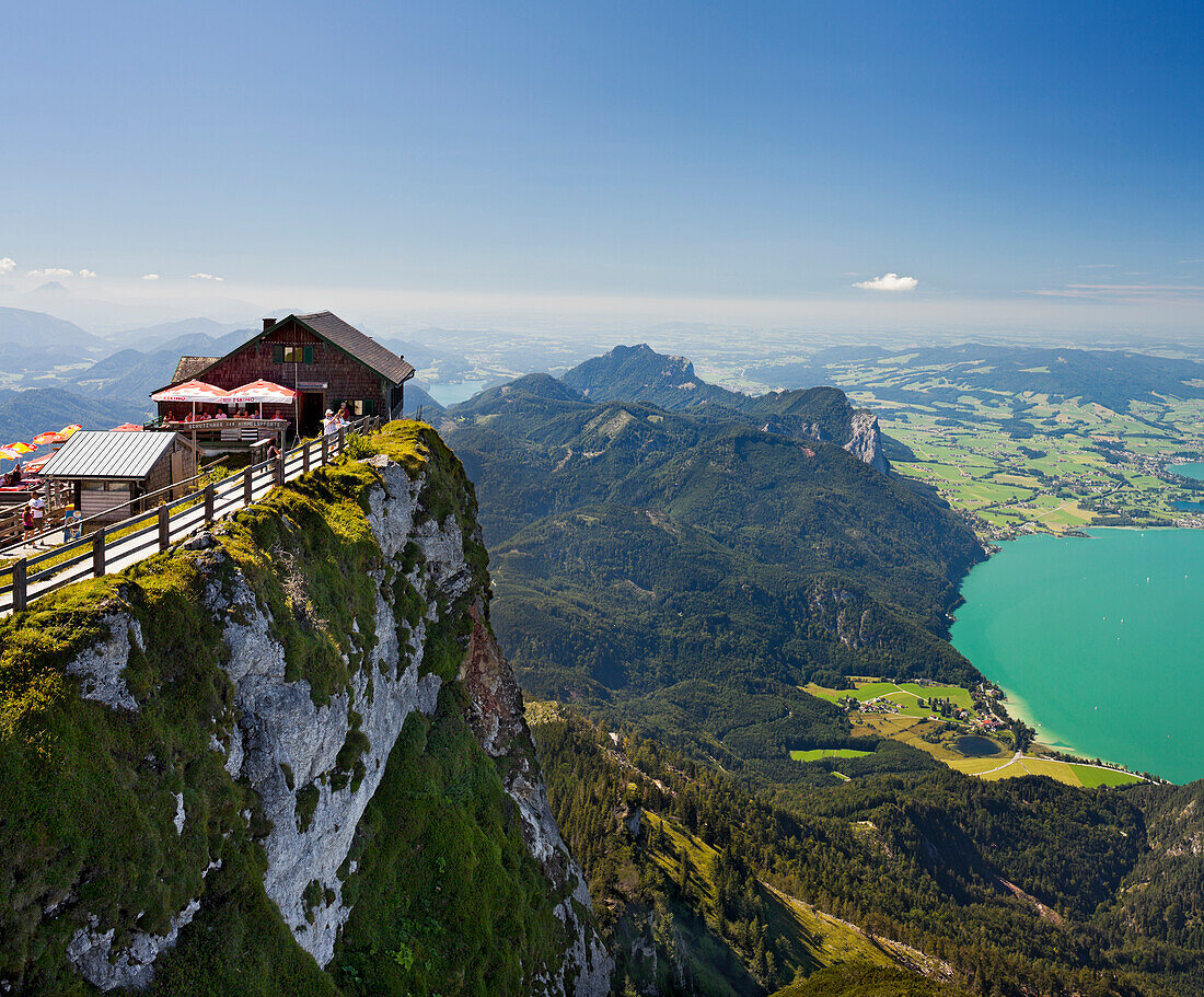 View from Schafberg to the Himmelpforten hut, Mondsee, Salzkammergut, Salzburg Land, Austria