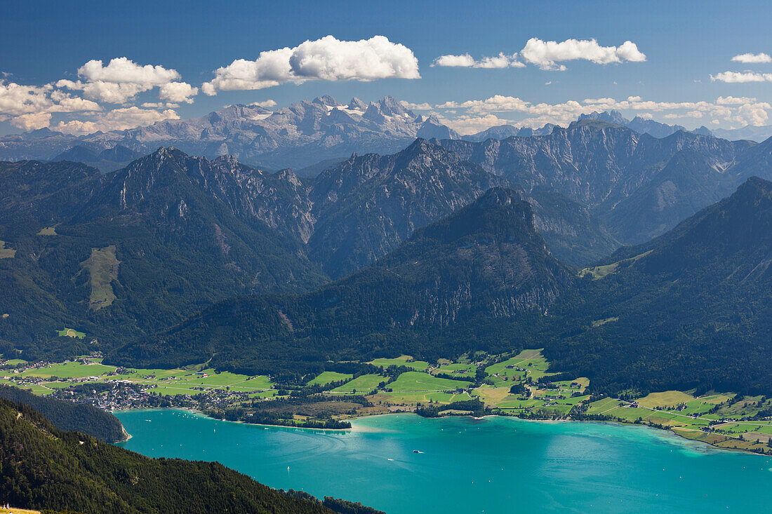 Lake Wolfgangsee seen from Schafberg, Dachstein in the background, Salzkammergut, Salzburg Land, Austria