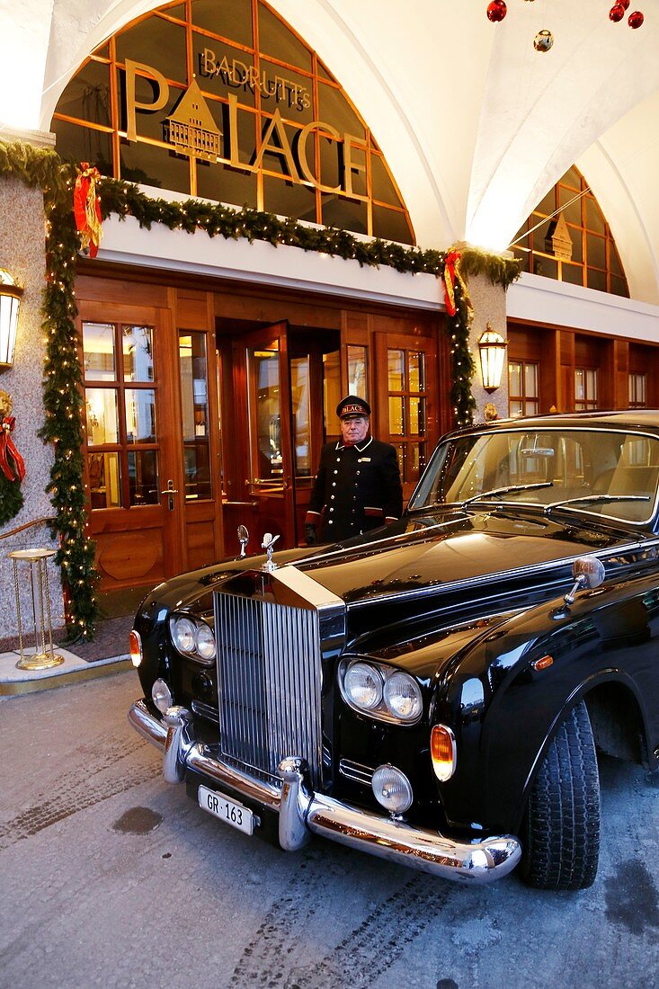 Switzerland, The Graubunden canton, Saint-Moritz, Historic and luxury hotel Badrutt Palace, Martin Lechner portier and driver of one of the 5 Rolls Royce cars