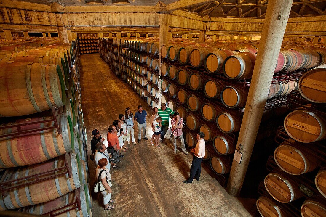 Weinkeller, Lagerung von Wein in Fässern, Weinkellerei Olarra, Rioja, Logroño, Spanien