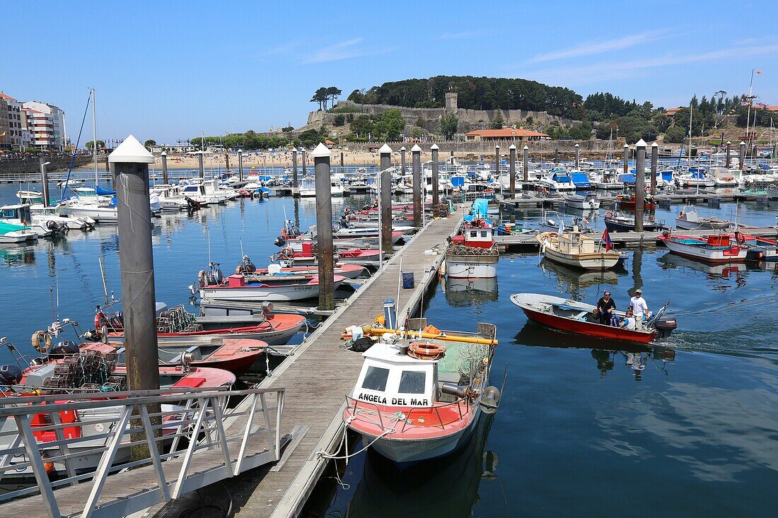 Monterreal castle and Marina, Baiona, Pontevedra, Galicia, Spain.