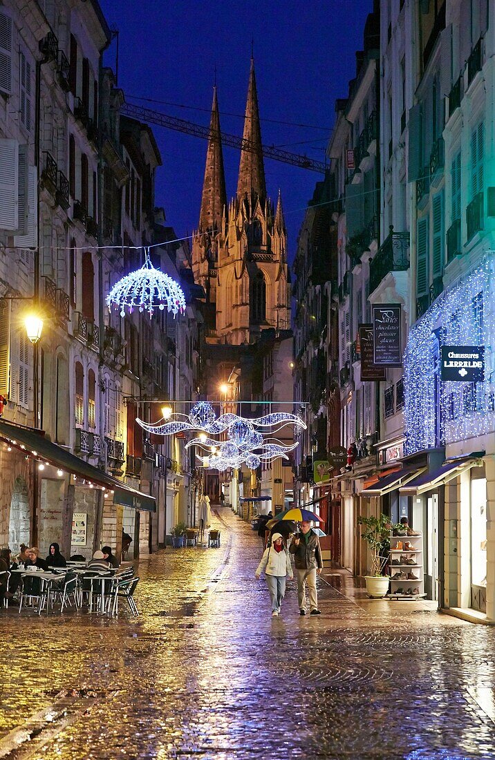 Regen, Weihnachtsdekoration, Kathedrale Sainte-Marie, Bayonne, Aquitanien, Pyrénées-Atlantiques, Baskenland, 64, Frankreich