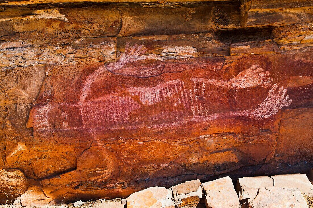 Australia, Western Australia, Wyndham, aboriginal art site at an overhanging cliff near the King River Road  Rock painting of Wandina spirit ancestor with natural ochre