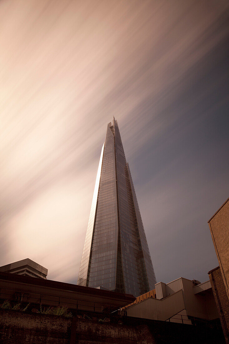 Skyscraper overlooking city streets. The Shard, London Bridge, London, UK