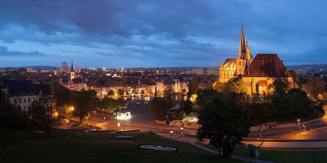 Panoramic view from the citadel Petersberg over the old town of Erfurt with the market square, Erfurt Cathedral and St. Severus in the blue hour, Erfurt, Thuringia, Germany