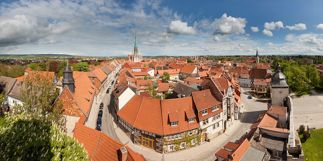 Panoramic view from the Rabenturm to the old town of Muehlhausen with St. Mary's Church, St. James Church and City Wall with Frauentor in Spring, Muehlhausen, Thuringia, Germany