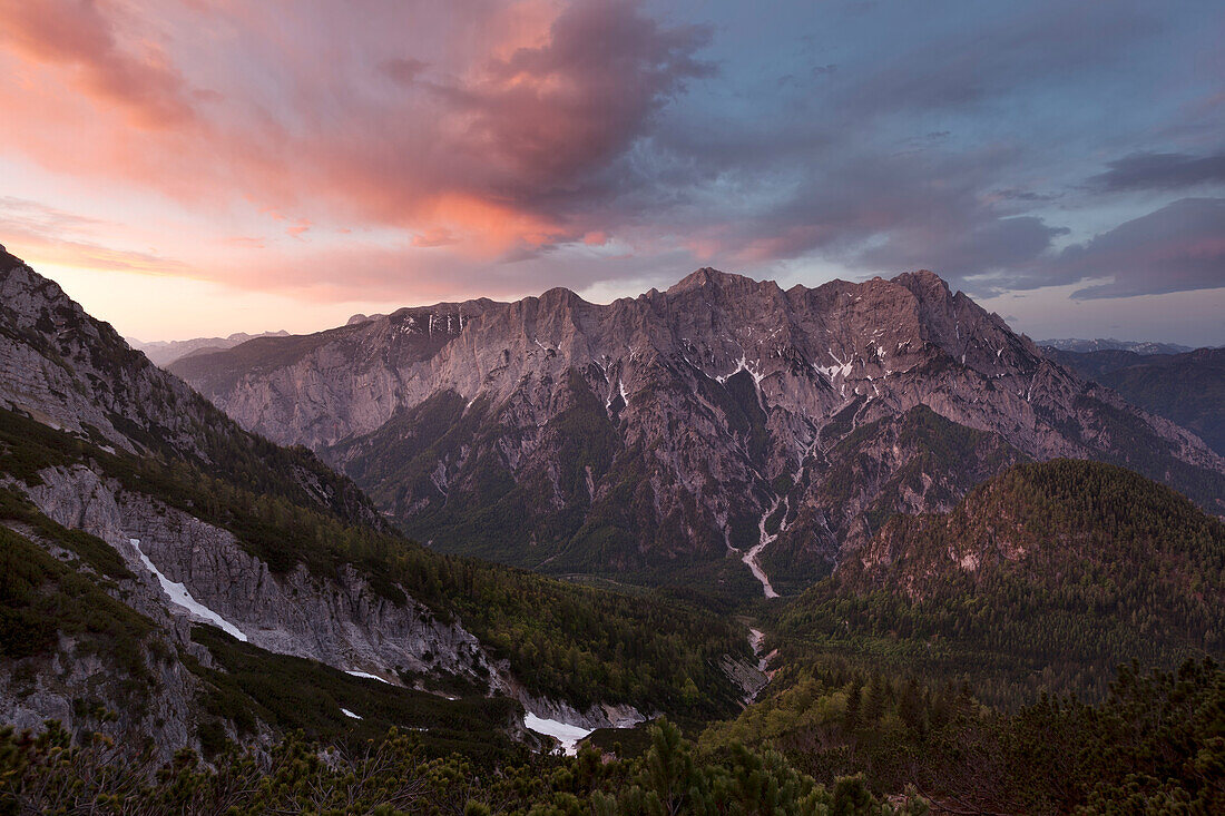 Sunrise over the Gesause National Park with the wide view from Grosser Buchstein to the Hochtor Group in the Spring, Ennstal Alps, Styria, Austria