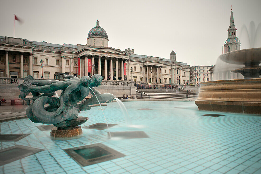 Art museum and fountain on Trafalgar Square, City of London, England, United Kingdom, Europe