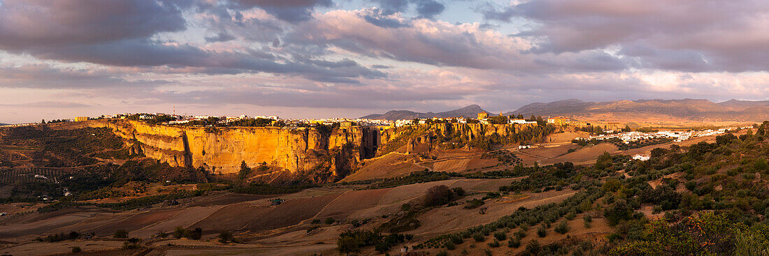 Panorama of the picturesque town of Ronda in the evening sunlight, Andalusia, Spain