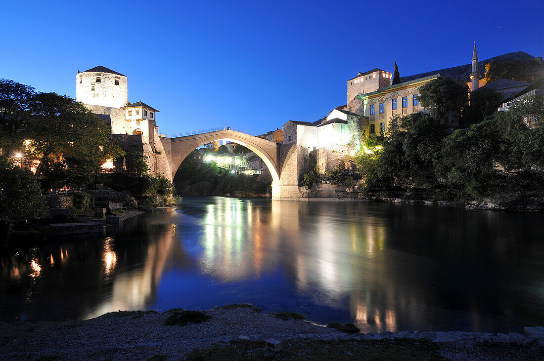 At the old bridge at night, Mostar, Bosnia and Herzegovina