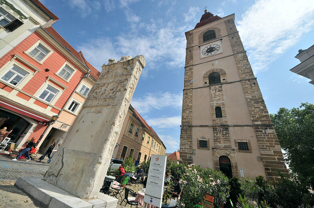 Slovenian square with St. Georges Church and Orpheus pillar, Ptuj, Eastern Slovenia, Slovenia