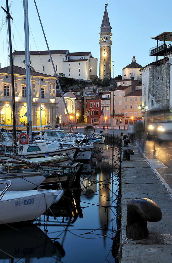 View across the town harbour towards the old city, Piran, Gulf of Triest, Slovenia
