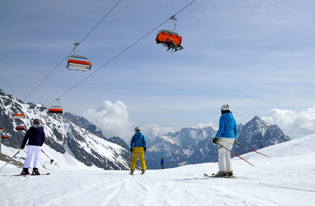 Skiing under the Zugspitze mountain, Garmisch-Partenkirchen, Bavaria, Germany