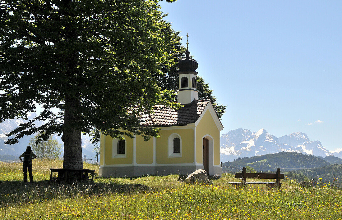 Maria Rast chapel in the Buckelwiesen, Karwendelrange near Mittenwald, Bavaria, Germany