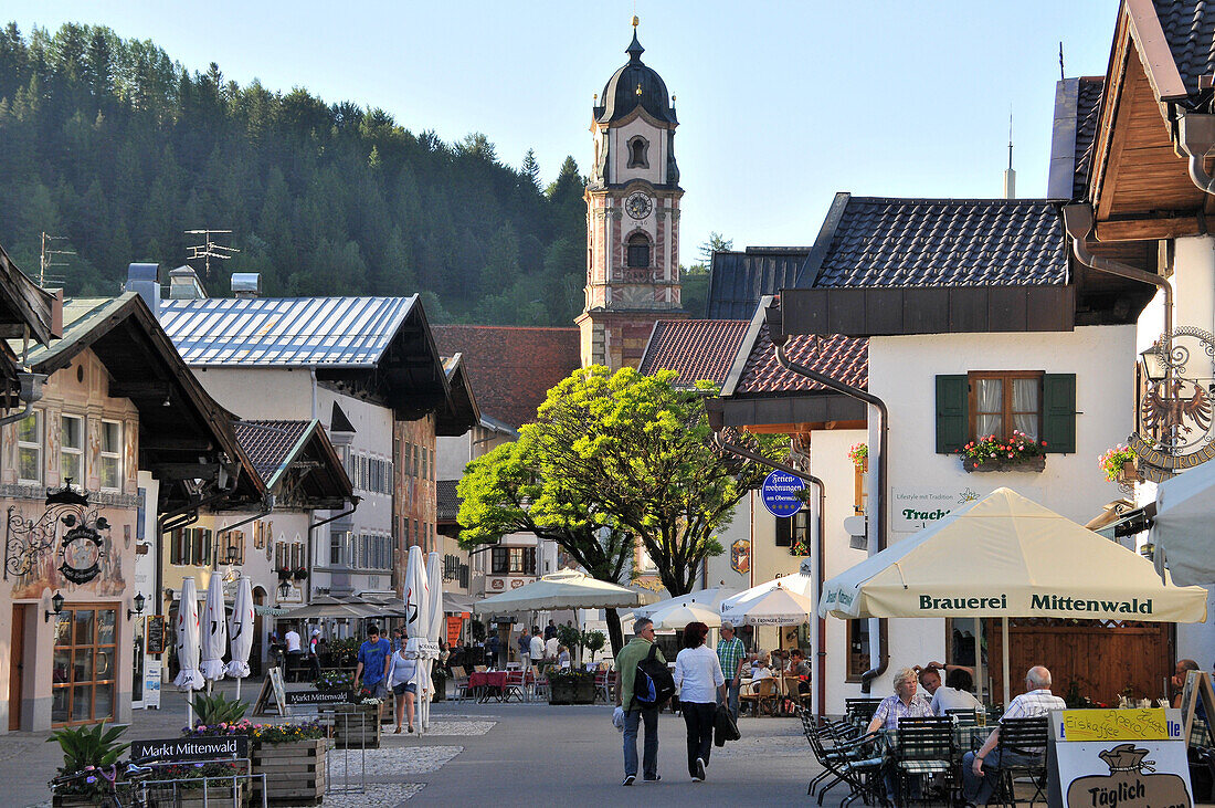 Obermarket with Peter and Paul church, Mittenwald, Bavaria, Germany