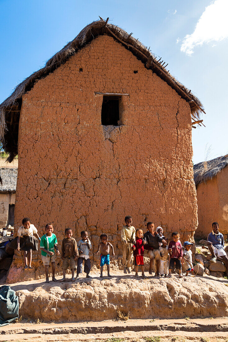 Children and houses near Ampefy, Merina people, Madagascar, Africa