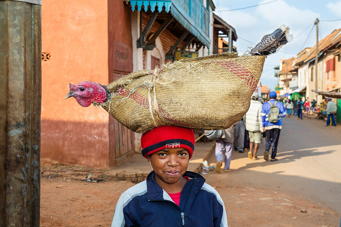 Madagassischer Junge trägt Truthahn auf dem Kopf, Betsileo Stamm, Ambalavao, Fianarantsoa Region, Madagaskar, Afrika