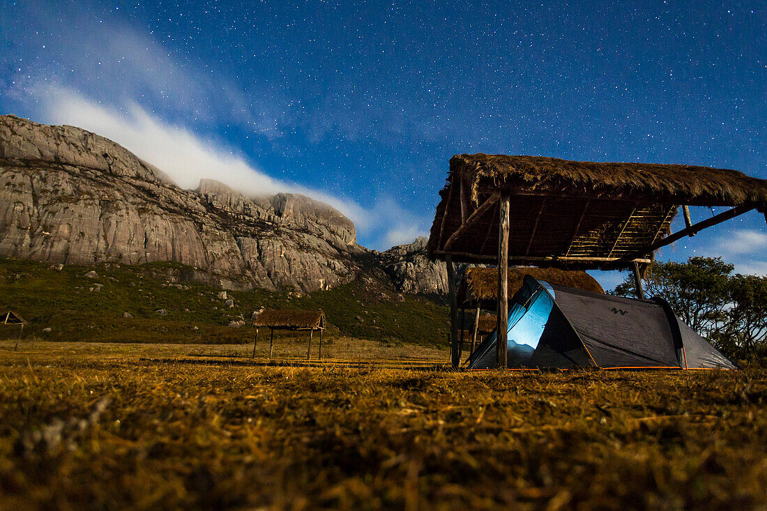 Tent under a Starry Sky, Andringitra Mountain Range, Andringitra National Park, South Madagascar, Africa