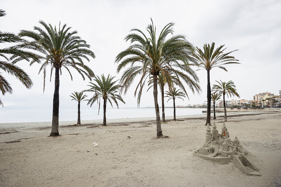Beach with sandcastle, S`Arenal, near Palma de Mallorca, Majorca, Spain