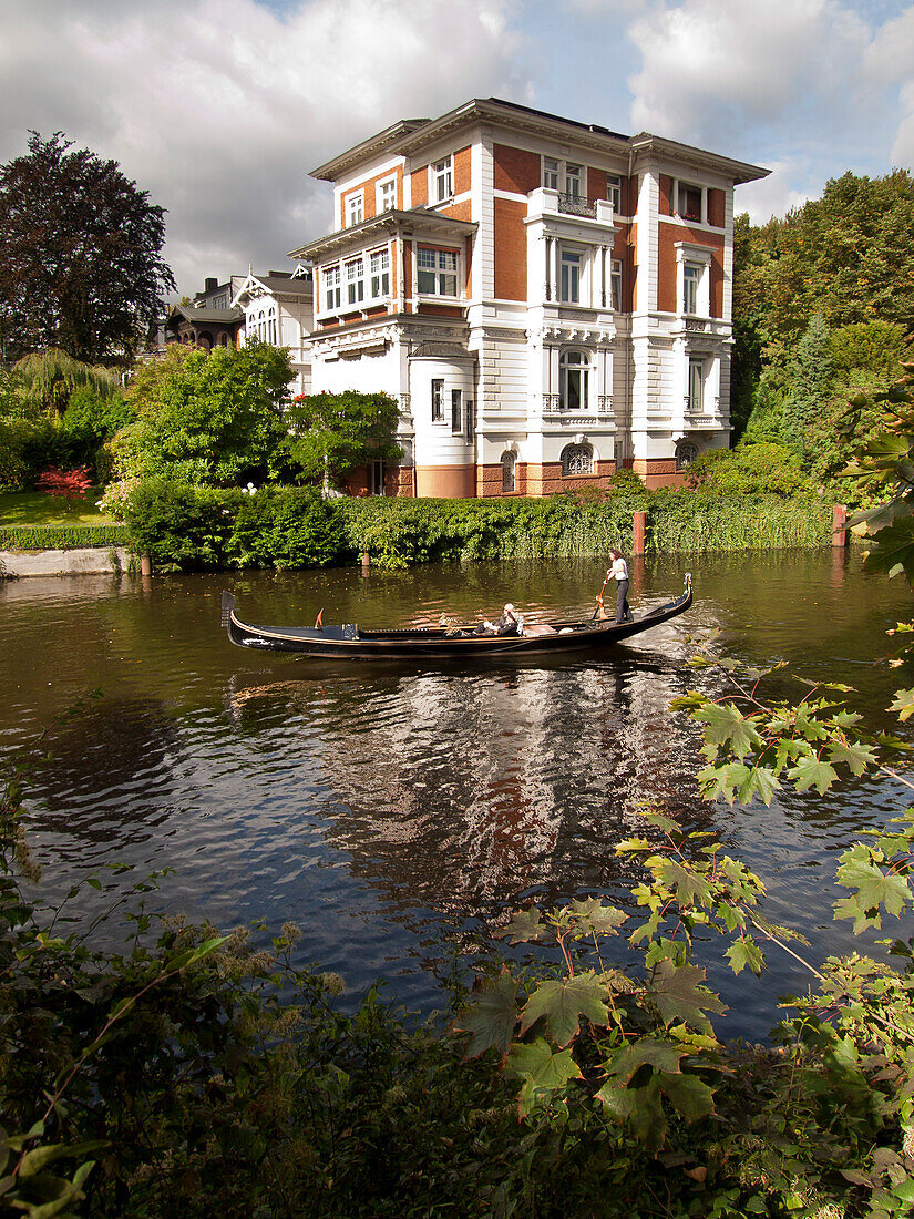 Gondola on the River Alster in front of a historic villa in the city centre of Hamburg, Hanseatic City of Hamburg, Germany