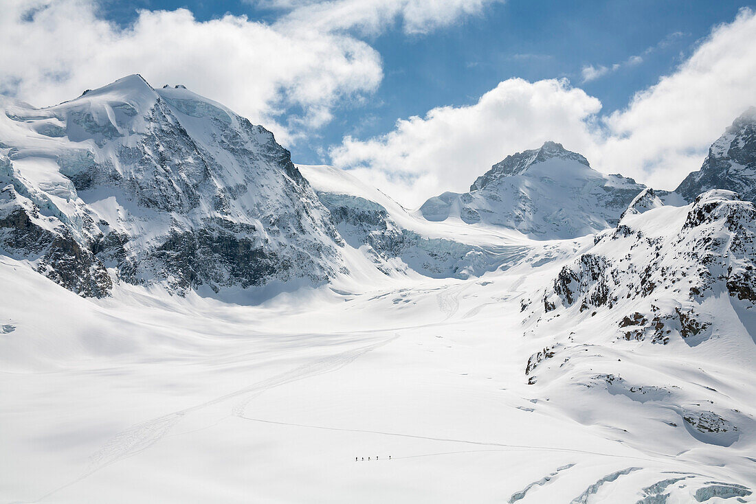 Gruppe Skifahrer im Aufstieg auf dem Durandgletscher, Val d'Anniviers, Wallis, Schweiz