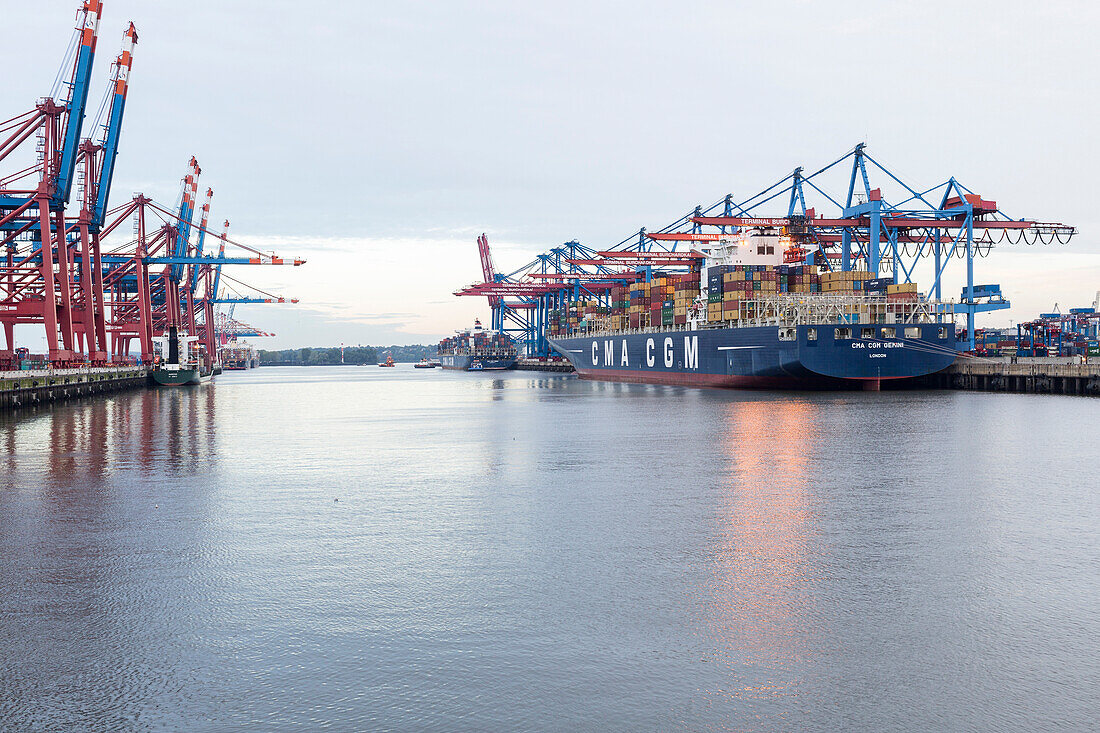 Container ships loading and unloading at the container terminal Burchardkai, Waltershofer Hafen, Hamburg, Germany