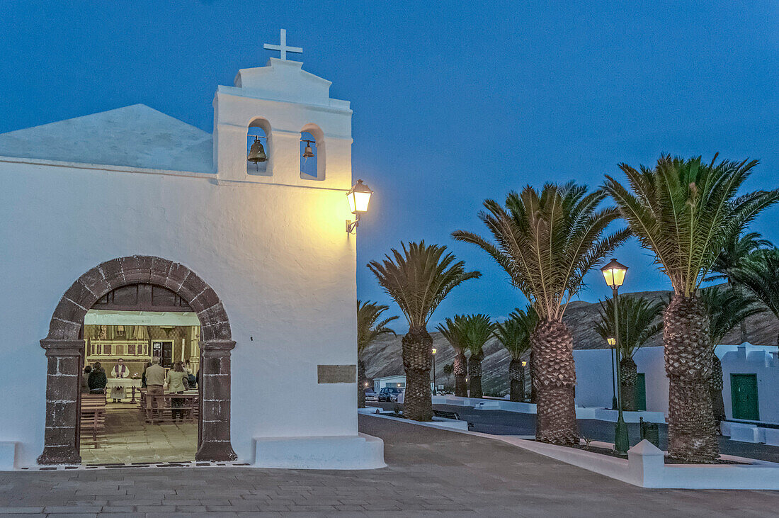 Femes, village church, twilight, Lanzarote, Canary Islands, Spain