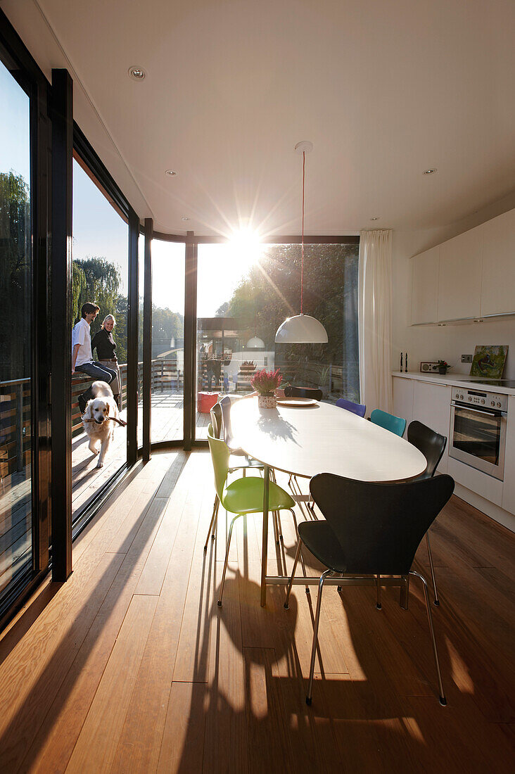 Terrace and kitchen of a houseboat, Eilbek canal, Hamburg, Germany