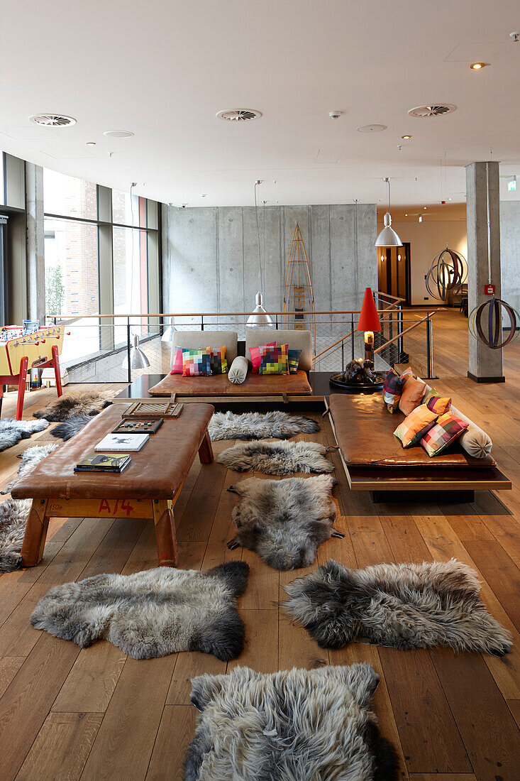 Lounge with seating made out of old gym mats, 25hours Hotel, HafenCity, Hamburg, Germany