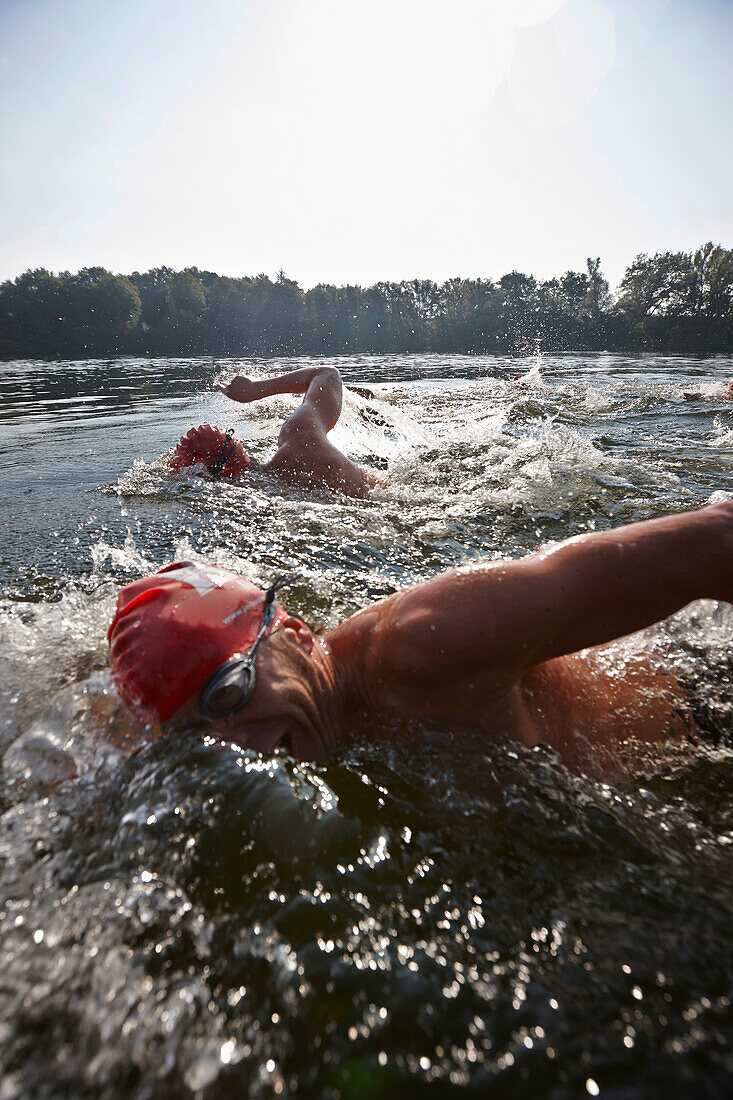 Competitive swimmers training in open water, Boberg swimming lake, Billwerder, Hamburg, Germany