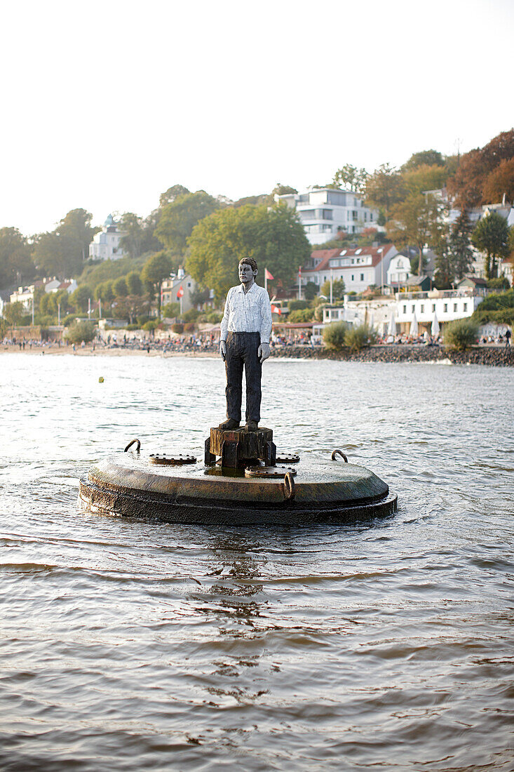 Figure on ponton in the Elbe by contemporary sculptor Stephan Balkenhol, Elbe, Hamburg-Oevelgoenne, Hamburg, Germany