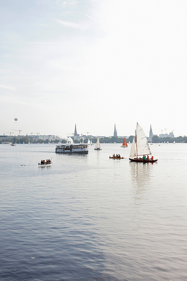 Sailing boats and ships on the Outer Alster Lake, Hamburg, Germany