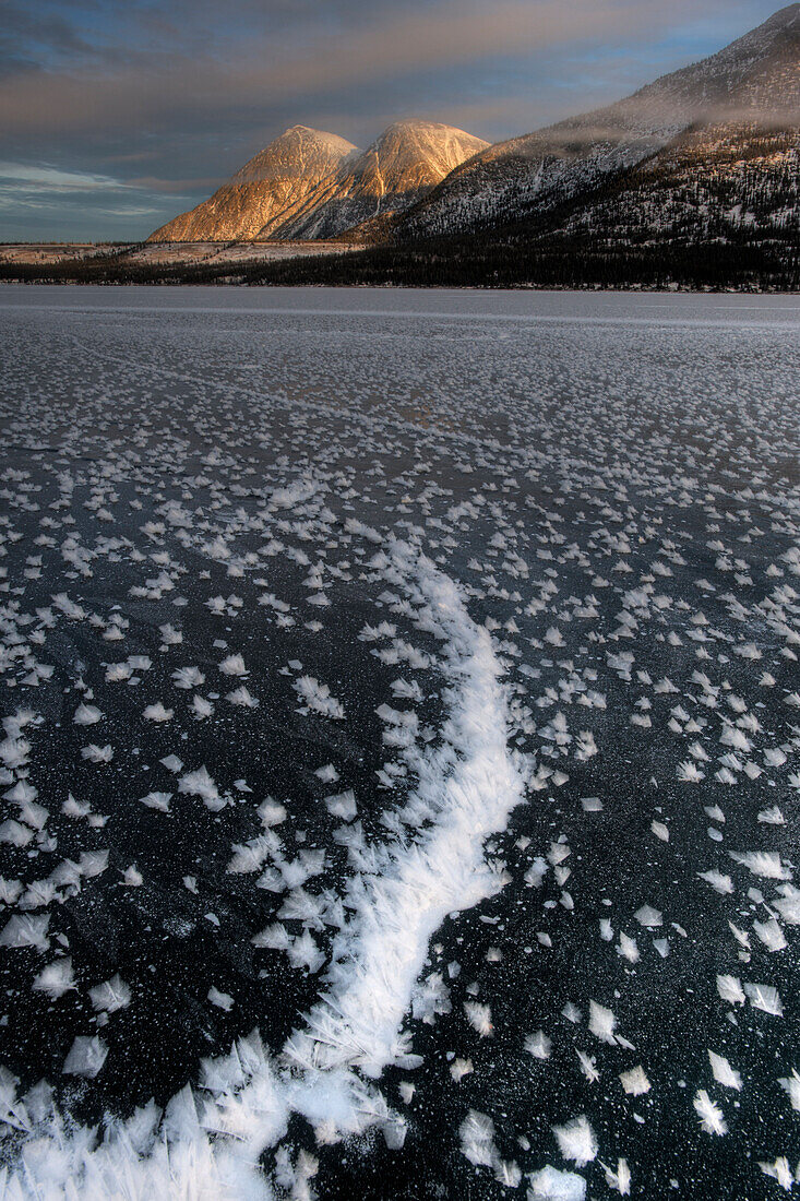 Landscape of Frozen lake in winter, Kusawa Lake Territorial Park, Yukon, Canada