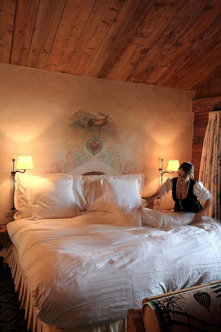 France, Rhone Alps, Megève Ski Resort, Chalet du Mont d'Arbois - Relais & Châteaux luxury hotel, bedroom
