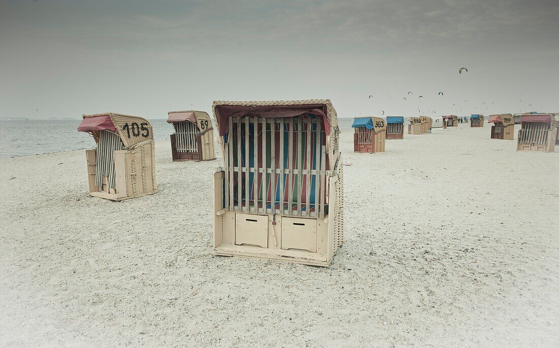 Germany, Schleswig-Holstein, Baltic sea coast, Laboe, strandkorb - special chair designed to provide comfort and protection on the beach