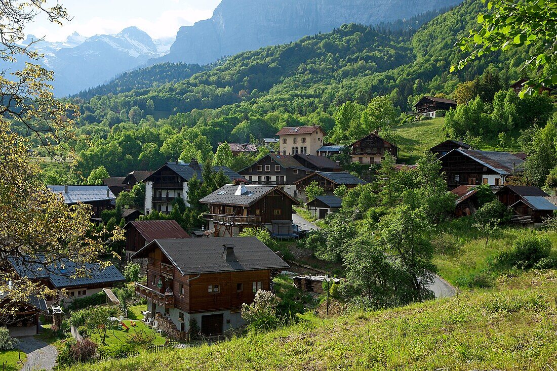 France, Haute-Savoie (74), Servoz mountain village with quaint cottages, the Mont Blanc
